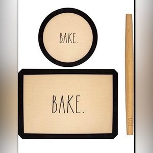 Beige and Black 'BAKE.' Silicone Baking Mat Set with Wooden Rolling Pin